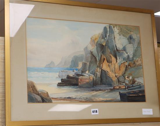 Hazyl Craig Fowler (1887-1978) watercolour, Fishermen beneath sea cliffs, signed, 34 x 52cm